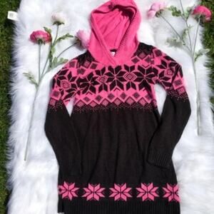 Justice Long Sweater Dress Junior 14 Pink Black Snowflake Hood Knit Winter